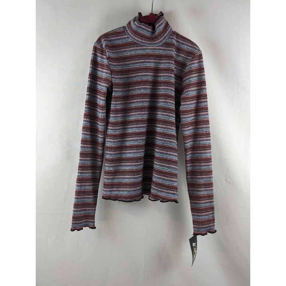 Art Class Lettuce Edge Mock Neck Top L Striped Red Metallic Pullover Long Sleeve